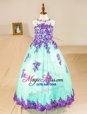 Stunning Scoop Sleeveless Tulle Floor Length Zipper Flower Girl Dresses for Less in Turquoise for with Beading and Lace