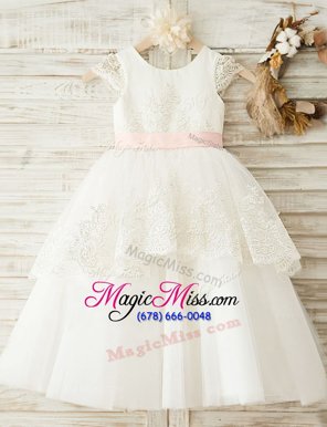 Trendy Scoop Cap Sleeves Organza Floor Length Zipper Flower Girl Dresses for Less in White for with Lace and Bowknot