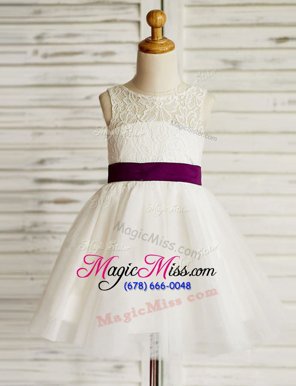 Stunning Scoop White A-line Lace and Bowknot Flower Girl Dresses for Less Zipper Tulle Sleeveless Mini Length