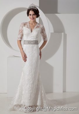 Informal Column V-neck Brush Train Satin Lace and Belt Wedding Dress