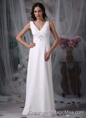 White Column / Sheath V-neck Floor-length Chiffon Beading Prom Dress