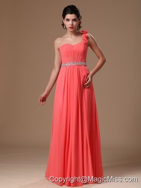 One Shoulder Watermelon Beaded Decorate Waist Chiffon Hand Made Flowers Prom Gowns For Custom Made In 2013