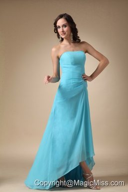 Blue A-line Strapless Asymmetrical Chiffon and Elastic Wove Satin Ruch Prom Dress