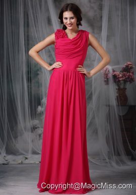 Coral Red Empire V-neck Floor-length Chiffon Hand Made Flower Prom Dress