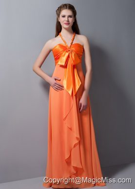 Orange Red Empire Halter Floor-length Taffeta and Chiffon Ruch Prom Dress