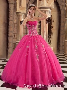Hot Pink Ball Gown Floor-length Organza Beading Quinceanera Dress