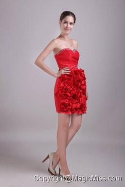 Red Column/Sheath Sweetheart Mini-length Satin Beading Prom Dress