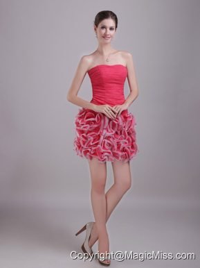Red Column/Sheath Strapless Mini-length Chiffon and Organza Ruch Prom / Homecoming Dress