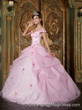 Pink Ball Gown Off The Shoulder Floor-length Organza Appliques Quinceanera Dress