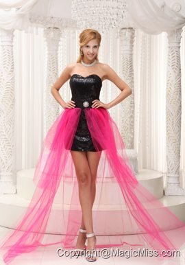 Hot Pink High-low Prom Dress For 2013 Black Paillette Over Skirt With Beading