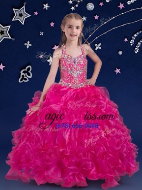 Low Price Halter Top Fuchsia Organza Lace Up Little Girls Pageant Dress Wholesale Sleeveless Floor Length Beading and Ruffles