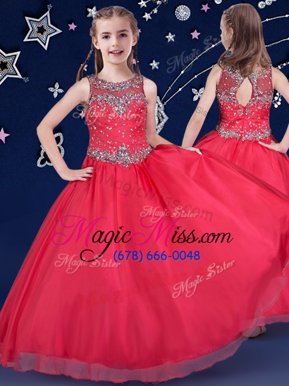 Super Scoop Red Zipper Pageant Gowns For Girls Beading Sleeveless Floor Length
