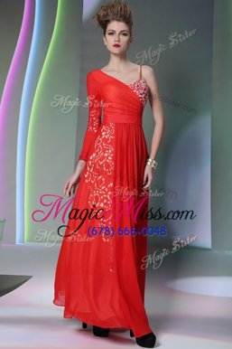 Beauteous Beading and Embroidery Prom Evening Gown Watermelon Red Side Zipper Long Sleeves Floor Length