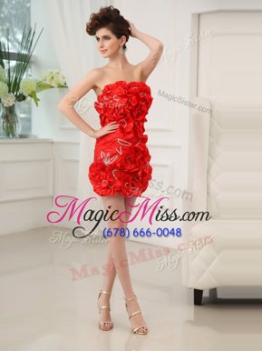 Fantastic Red Chiffon Zipper Cocktail Dress Sleeveless Mini Length Beading and Hand Made Flower