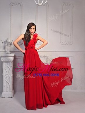 One Shoulder With Train Lace Up Junior Homecoming Dress Red and In for Prom and Party with Hand Made Flower Court Train