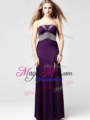 Purple Chiffon Zipper Strapless Sleeveless Floor Length Prom Evening Gown Sequins