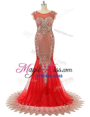 Best Selling Scoop Sleeveless Prom Dresses Brush Train Beading and Lace Red Satin