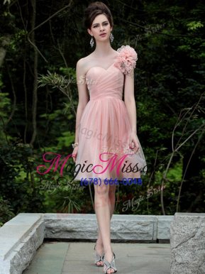 Glorious One Shoulder Knee Length Peach Homecoming Party Dress Tulle Sleeveless Beading and Hand Made Flower