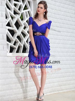 Best Selling Royal Blue Chiffon Zipper Evening Dress Sleeveless Knee Length Beading