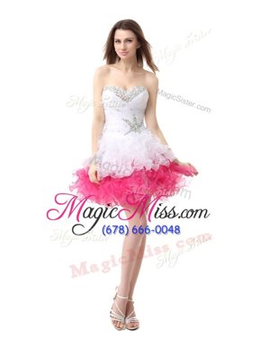 Charming White and Hot Pink Sweetheart Neckline Beading and Ruffles Homecoming Dress Sleeveless Lace Up