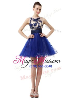Low Price Scoop Royal Blue Sleeveless Knee Length Appliques Clasp Handle Homecoming Dress