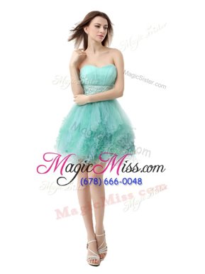 Unique Sweetheart Sleeveless Prom Dresses Mini Length Beading and Ruffled Layers Turquoise Organza
