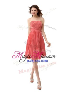 Fashion Coral Red Strapless Zipper Beading and Pleated Homecoming Gowns Sleeveless
