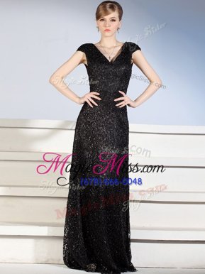 Comfortable Black Column/Sheath Beading and Lace Mother Of The Bride Dress Side Zipper Lace Cap Sleeves With Train