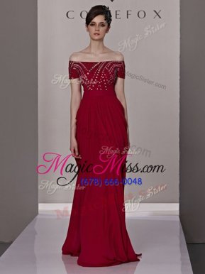 Custom Design Column/Sheath Pageant Dresses Red Off The Shoulder Chiffon Short Sleeves Floor Length Zipper