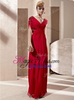 Gorgeous Floor Length Red Military Ball Gowns Organza Short Sleeves Beading and Ruching