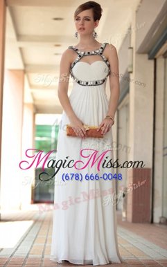 Sleeveless Chiffon Floor Length Side Zipper Celebrity Style Dress in White for with Beading and Ruching