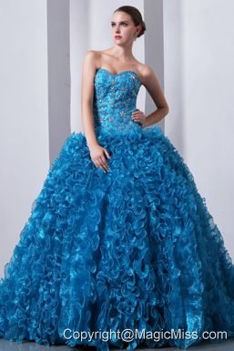 Blue A-Line / Princess Sweetheart Brush Train Organza Beading and Ruffles Quinceanea Dress