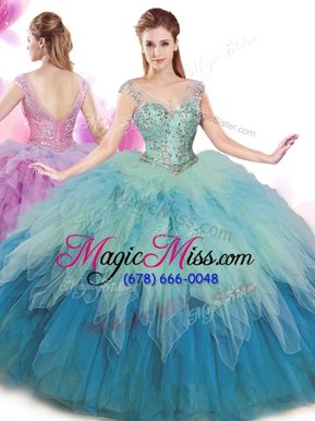 Deluxe Multi-color Ball Gowns Tulle V-neck Cap Sleeves Beading and Ruffles Floor Length Lace Up Quince Ball Gowns