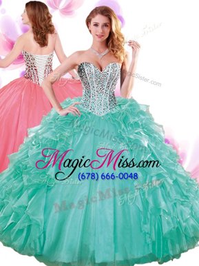 High Class Sleeveless Organza Floor Length Lace Up Sweet 16 Dresses in Turquoise for with Beading and Ruffles
