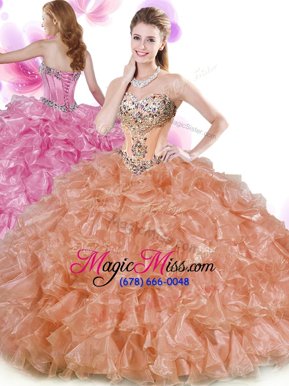 Beading and Ruffles Quinceanera Dresses Rust Red and Peach Lace Up Sleeveless Floor Length