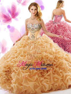 Elegant Orange Ball Gowns Organza Sweetheart Sleeveless Beading and Ruffles Lace Up Quinceanera Gown Court Train