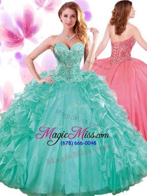 Great Turquoise Sleeveless Beading and Ruffles and Pick Ups Floor Length Quince Ball Gowns