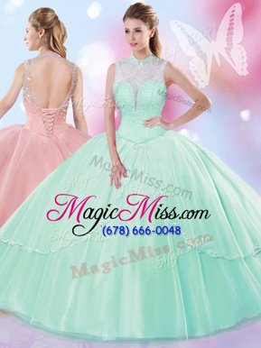 Best Selling Apple Green Ball Gowns High-neck Sleeveless Tulle Floor Length Lace Up Beading 15th Birthday Dress