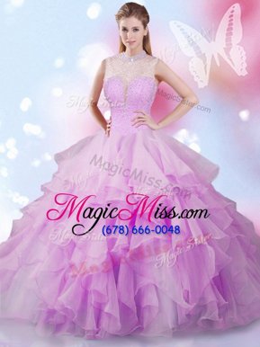 Graceful Sleeveless Tulle Floor Length Lace Up Vestidos de Quinceanera in Lilac for with Beading and Ruffles