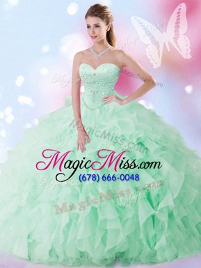 Fantastic Apple Green Organza Lace Up Sweet 16 Quinceanera Dress Sleeveless Floor Length Beading and Ruffles