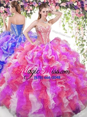 Sleeveless Floor Length Beading and Ruffles Lace Up Sweet 16 Dresses with Multi-color