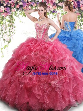 Suitable Coral Red Organza Lace Up Sweetheart Sleeveless Floor Length 15 Quinceanera Dress Beading and Ruffles