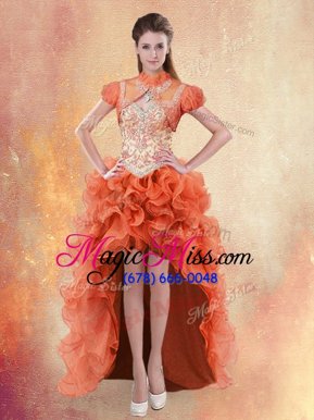 Custom Design Straps Straps High Low Orange Red Cocktail Dress Organza Sleeveless Beading and Ruffles