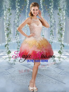 Fancy Halter Top Multi-color Ball Gowns Beading and Embroidery Prom Gown Lace Up Tulle Sleeveless Mini Length