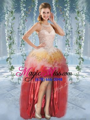 Excellent Halter Top Sleeveless High Low Beading and Ruffles Lace Up Glitz Pageant Dress with Multi-color