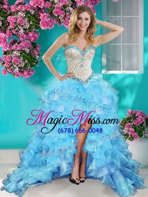 Baby Blue Organza Lace Up Sweetheart Sleeveless High Low Military Ball Gowns Beading and Ruffles