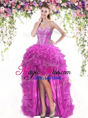 Decent Fuchsia Sleeveless High Low Beading and Ruffles Lace Up Ball Gown Prom Dress