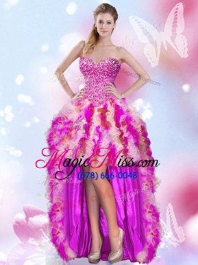 Captivating Multi-color Tulle Lace Up Pageant Dress for Teens Sleeveless High Low Beading and Ruffles