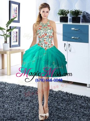 Decent Pick Ups Mini Length Turquoise Evening Dress Halter Top Sleeveless Lace Up