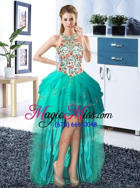 Sexy Halter Top Sleeveless Embroidery and Pick Ups Lace Up Red Carpet Prom Dress